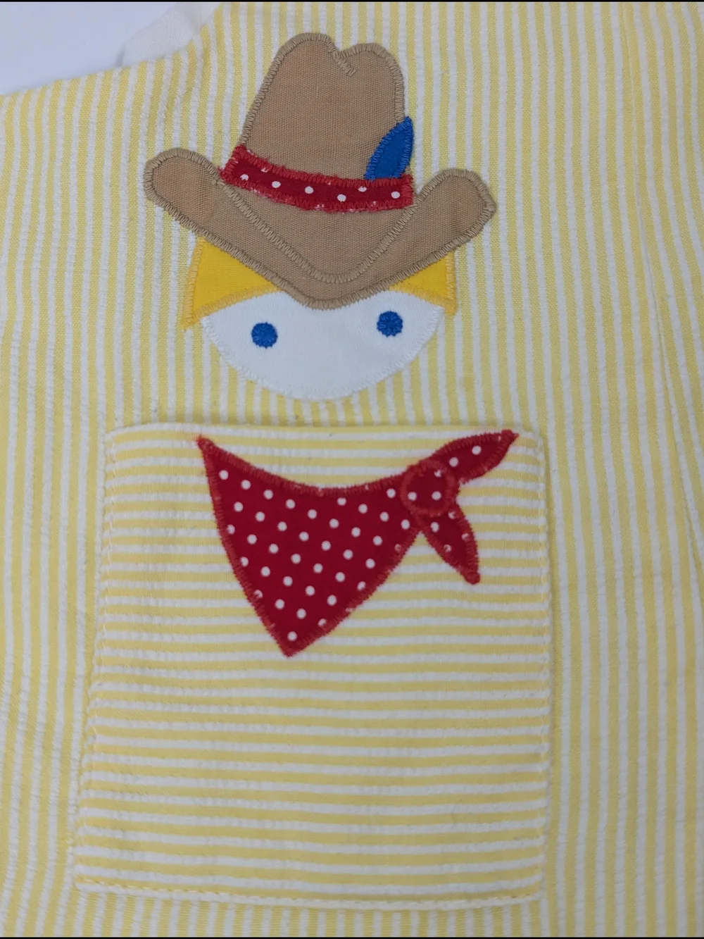 VTG 1980s Fischel Johnston Cowboy Appliqué Yellow Seersucker Overalls Romper 2T